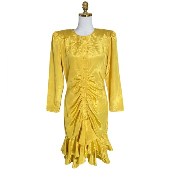 Jonathan Martin Vtg Y2K Yellow Ruched Button Front Ruffled Midi Dress Sz 11/12 - Picture 1 of 10